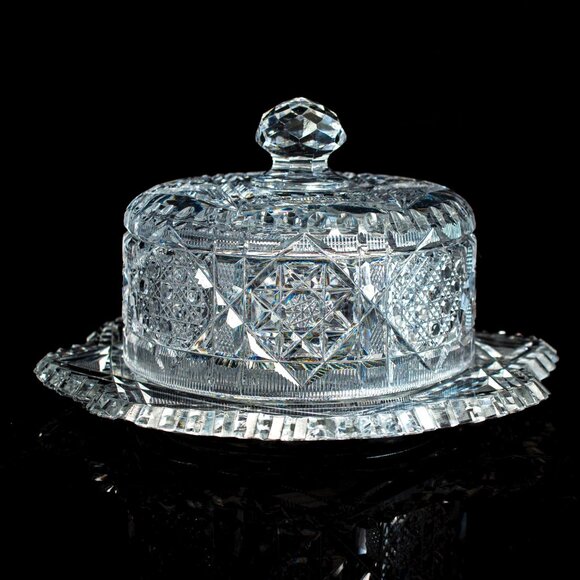Vintage Crystal Butter Dish With Lid & Intricate Starburst Pattern